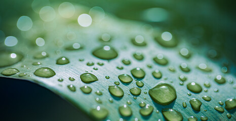 Beautiful details of nature. Morning dew drops on fresh green leaf. Summer nature macro pattern,...