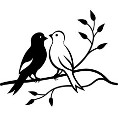 Couple Birds in Love Silhouette on Branch Vector Silhouette on white background 