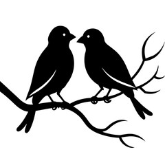 Couple Birds in Love Silhouette on Branch Vector Silhouette on white background 