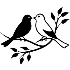 Couple Birds in Love Silhouette on Branch Vector Silhouette on white background 