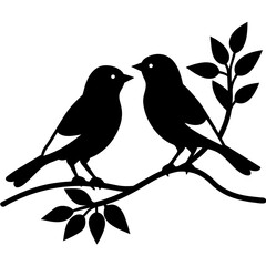 Couple Birds in Love Silhouette on Branch Vector Silhouette on white background 