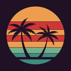 T-shirt design featuring a vintage-style sunset with palm trees vector illustration