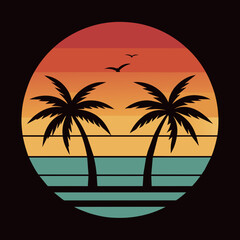Obraz premium T-shirt design featuring a vintage-style sunset with palm trees vector illustration