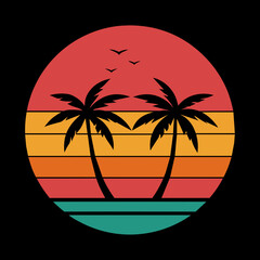 T-shirt design featuring a vintage-style sunset with palm trees vector illustration