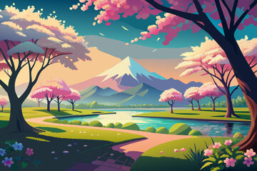 spring grass pink cherry trees vector background