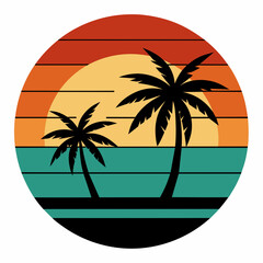 T-shirt design featuring a vintage-style sunset with palm trees vector illustration