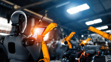MLP Mechanized industry robot and robotic arms for assembly in factory production. Concept of...