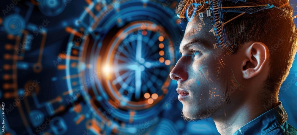 Aufkleber the image shows a man looking at a glowing blue screen with a futuristic interface. he is wearing a 