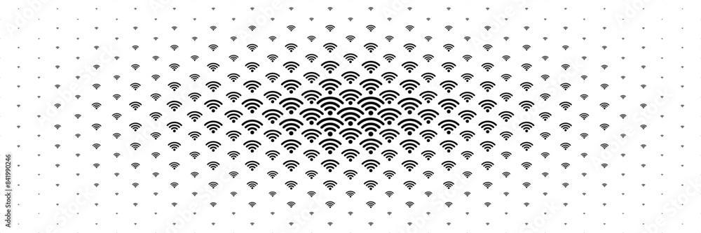 Poster horizontal spreading black wifi sign from center for pattern and background.