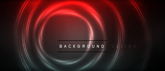 Neon glowing circle rays, light round lines in the dark, planet style neon wave lines. Energetic electric concept design for wallpaper, banner, background