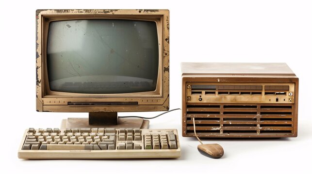 Illustration of an old computer, keyboard, CPU, and monitor isolated on a white background.
