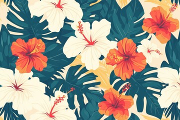 Tropical Paradise Bloom: Seamless Pattern of Hibiscus Flowers and Palm Leaves