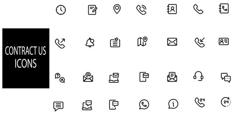 Contact us 28 icon set. Web icons , home, call, location, globe, world, message, mail, address, search, magnifying glass, website, icons.