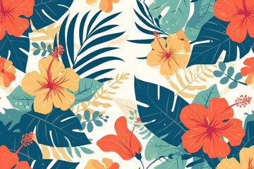 Tropical Paradise Bloom: Seamless Pattern of Hibiscus Flowers and Palm Leaves