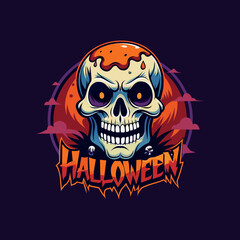 a logo for a halloween party with a skull on it.