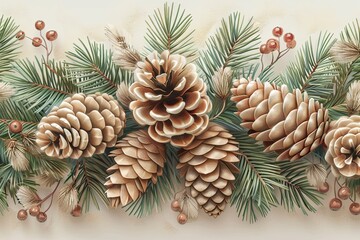 Fototapeta premium Elegant arrangement of pinecones, pine branches, and red berries on a light background