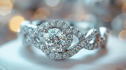 Diamond ring with bokeh background. Luxurious and elegant jewelry