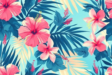Tropical Paradise Bloom: Seamless Pattern of Hibiscus Flowers and Palm Leaves