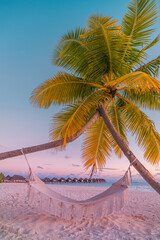 Beautiful silhouette of hammock on palm trees on tropical beach paradise at sunset. Carefree...