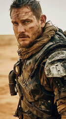Obraz premium Heroic Man in Makeshift Armor, People of the Wasteland, Post-apocalyptic world, Desolation and Savagery, cinematographic imagery. 