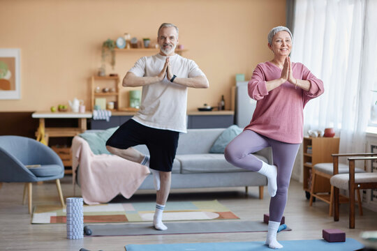 Full length portrait of two smiling senior people standing in tree position and looking at camera during yoga workout at home