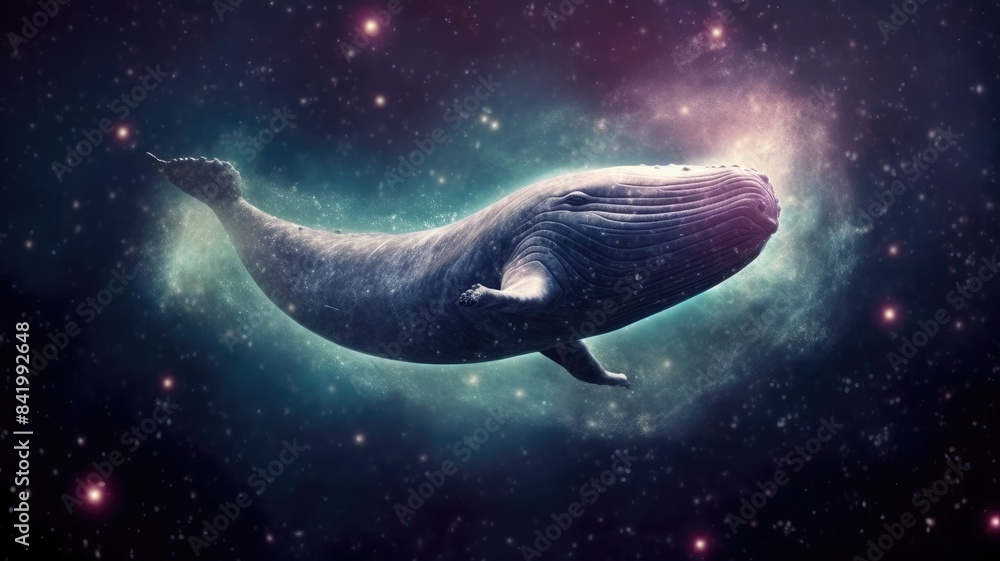 Poster surreal art design of a whale floating in space with a cosmic background and starry sky. digital art