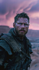 Obraz premium Courageous Man with Striking Beard., People of the Wasteland, Post-apocalyptic world, Desolation and Savagery, cinematographic imagery. 