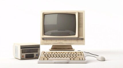 Old computer monitor, system unit, keyboard and mouse on white background