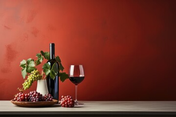 A bottle of red wine, a glass and grapes on a table against the background of a red wall with space for text. Romantic dinner concept. Stock photo with copy space