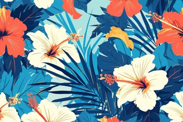 Tropical Paradise Bloom: Seamless Pattern of Hibiscus Flowers and Palm Leaves
