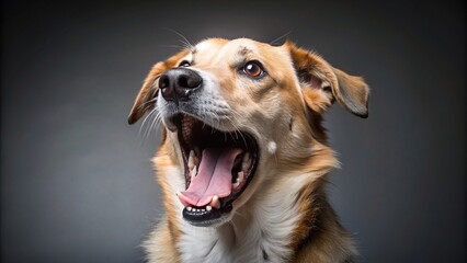 Mixed breed dog looking adorable while yawning on gray background, cute, dog, mixed breed, sitting, yawn, adorable, fluffy, pet, animal, sleepy, sleepy, furry, background, gray, studio