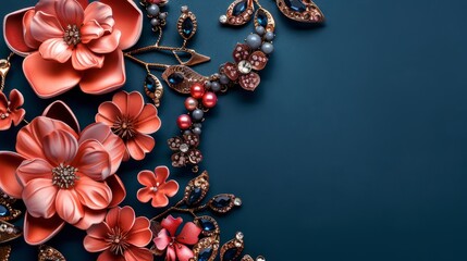 Elegant Jewelry Displayed on a Solid Pink Background with Floral Decorations, Showcasing Beautifully Crafted Pieces and Colorful Flower Accents for a Chic and Stylish Presentation