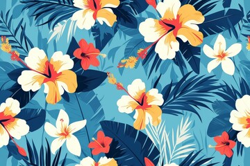 Tropical Paradise Bloom: Seamless Pattern of Hibiscus Flowers and Palm Leaves