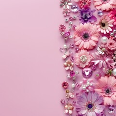 Fototapeta premium Elegant Jewelry Displayed on a Solid Pink Background with Floral Decorations, Showcasing Beautifully Crafted Pieces and Colorful Flower Accents for a Chic and Stylish Presentation