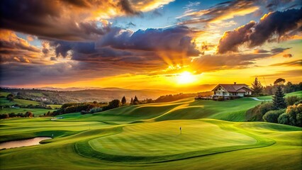 A pristine green golf course stretches out under a vibrant summer sunset, with the silhouette of a distant clubhouse and rolling hills in the background, golf course, sunset, summer - Powered by Adobe