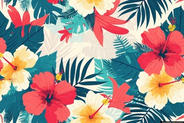 Tropical Paradise Bloom: Seamless Pattern of Hibiscus Flowers and Palm Leaves