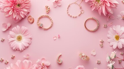 Obraz premium Elegant Jewelry Displayed on a Solid Pink Background with Floral Decorations, Showcasing Beautifully Crafted Pieces and Colorful Flower Accents for a Chic and Stylish Presentation