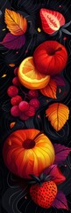 Fototapeta premium Abstract Fruit Background With Autumn Leaves and Red Berries