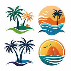 Summer Beach silhouette logo with sun chair umbrella and palm vector design	