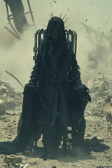 Fototapeta premium Malevolent Woman in Spiked Mask, People of the Wasteland, Post-apocalyptic world, Desolation and Savagery, cinematographic imagery. 