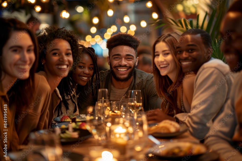 Wall mural A group of multiracial people are smiling and enjoying dinner together. The scene is cheerful and friendly