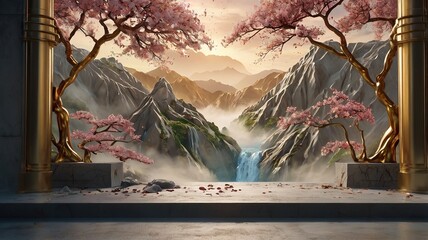 Free New Photo Volumetric stucco molding on a concrete wall with golden element spainting of a river with a bridge