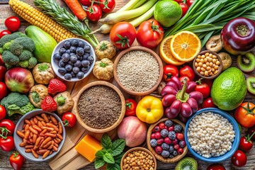 Assortment of fresh and colorful fruits, vegetables, nuts, and whole grains for clean eating flexitarian Mediterranean diet, Healthy food, clean eating, flexitarian, Mediterranean diet
