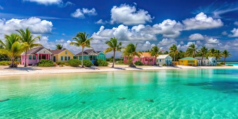 A pristine white sand beach on Ocean Cay, Bahamas, dotted with vibrant pastel-colored houses, lush...