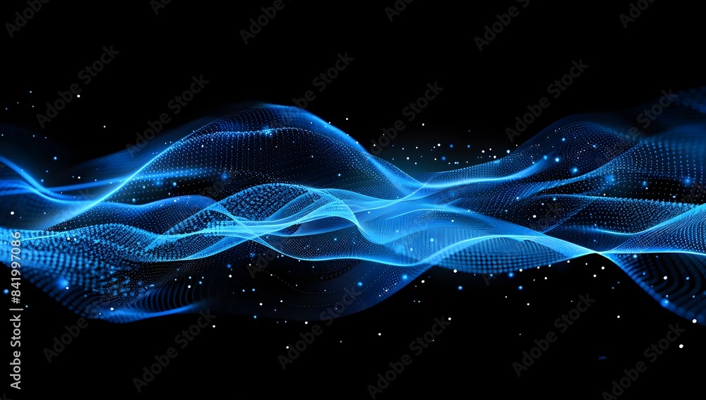 Poster abstract digital background with blue glowing waves and dots on black, symbolizing the concept of bi