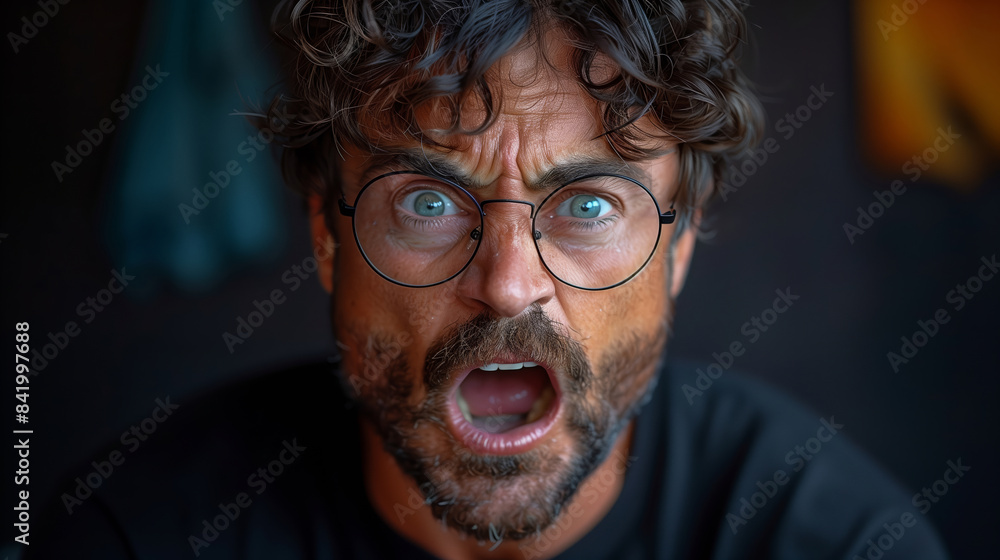 Poster a man with glasses and a beard is looking at the camera with an angry expression. a portrait of a wh