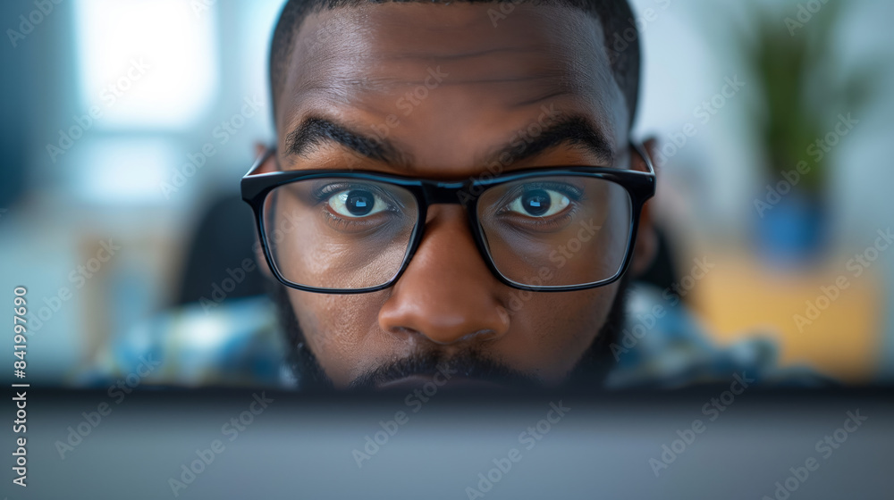 Aufkleber man with glasses is looking at a computer screen. concept of focus and concentration as the man star