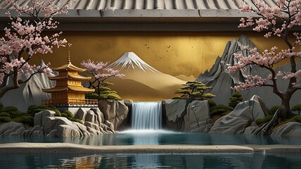 Free New Photo Volumetric stucco molding on a concrete wall with golden element spainting of a river with a bridge
