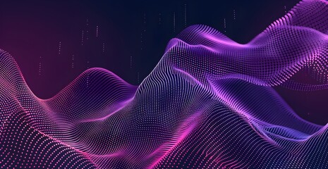 Abstract wave of dots and lines in purple and pink colors on a dark background, a vector illustration design with a digital sound wave effect in the style of music poster or template
