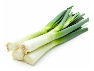 A bunch of fresh green leek tied together with a green rubber band, isolated on a white background.